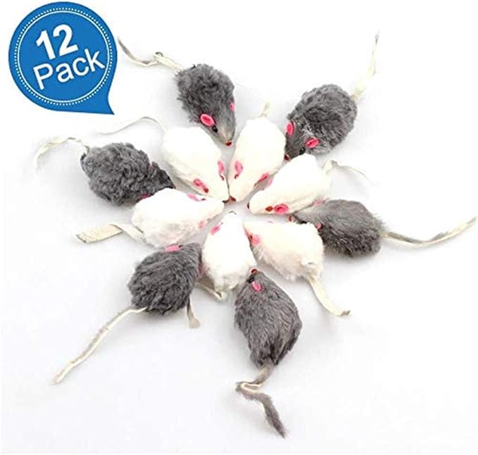 Real Fur Mice Rattle 12 Pack, Cat Toys Rainbow Mice Rabbit Feather for Cats and Kittens