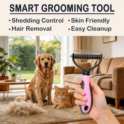 Pet Grooming Brush - Double-Sided Dematting Comb & Deshedding Tool for Dogs and Cats, Effortless Hair Removal, Ideal for Long-Haired Breeds, Reduce Shedding (1, Pink, Large) - Image 6