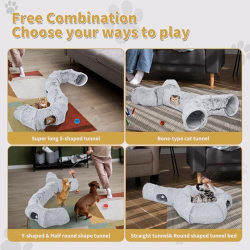 Cat Tunnels Bed with 1 Straight Tunnel and 20 Pet Toys - 5 Shapes DIY Indoor Cats Cave - Detachable Soft Cat Donut for Kitten Puppy Rabbit Ferret - Image 4