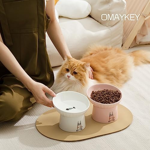 6.5 Inch Extra Wide Ceramic Raised Cat Bowls, Porcelain Tilted Elevated Cat Food Water Bowl Dish, Stress Free Pet Feeder Dishes for Cats & Small Dogs, Whisker Fatigue, White & Pink - Image 2