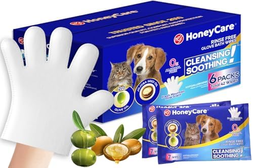 HONEY CARE All-Absorb Disposable Pet Grooming Gloves Wipes for Dogs & Cats Fur Deodorizing & Cleaning (7 Gloves/Pack, 6 Packs, 42 Wipes Total) by HoneyCare