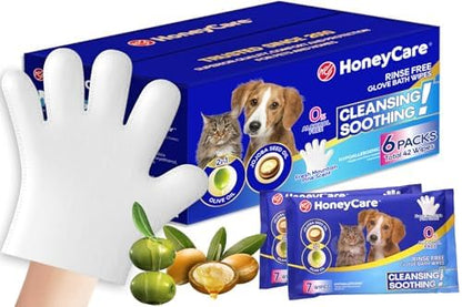 HONEY CARE All-Absorb Disposable Pet Grooming Gloves Wipes for Dogs & Cats Fur Deodorizing & Cleaning (7 Gloves/Pack, 6 Packs, 42 Wipes Total) by HoneyCare