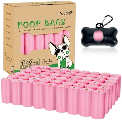 Lifegogo 1140 Counts 57 Rolls Unscented Doggy Poop Bags, Leak-Proof, Easy Tear-Off, Pink (13 x 9 Inches) by Lifegogo