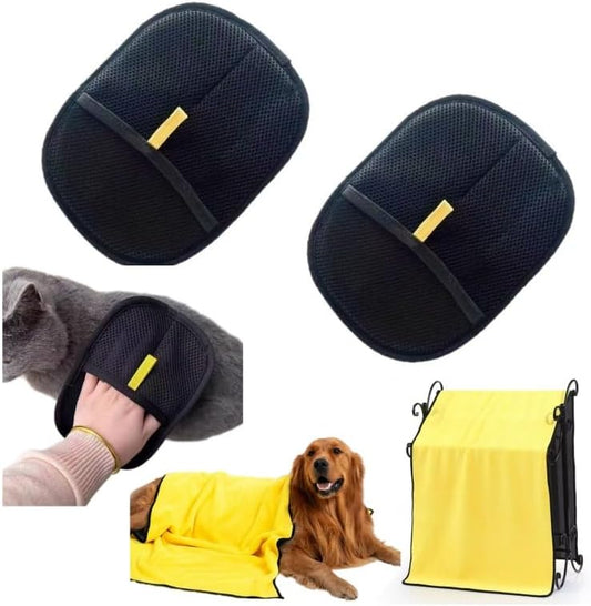 2pcs Pet Hair Removal Gloves with 1pc Bath Towel, Reusable Electrostatic Sticky Mitts for Dogs and Cats, 3-Piece Set by Unknown