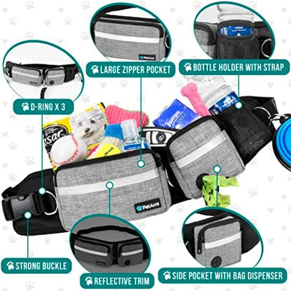 PetAmi Hands Free Dog Leash Belt Bag for Walking, Jogging - Double Zipper Pouch with Poop Bag Dispenser, Dual Padded Handles Reflective Bungee Leash, Single (Heather Grey) - Image 3