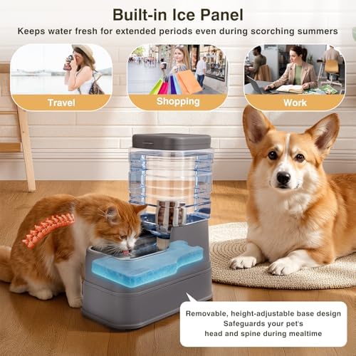 2 Pack Automatic Cat Feeder and Water Dispenser 1.3 Gallon Dog Gravity Food Feeder and Water with Ice Pack Stainless Steel Dry Food and Water Bowl for Small Medium Large Pets (Grey) - Image 6