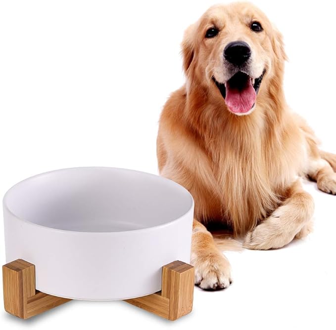 Ceramic Dog Bowl with Bamboo Stand - Large Dog Dish for Food and Water - Heavy Weighted, No Tip Over - 8.4" Diameter - White