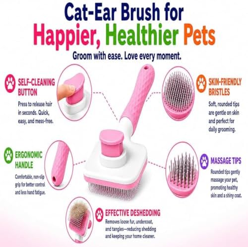 Generic Pink Cat grooming brush, Pet hair brush with Massage Particles, Self Cleaning Dematting Comb for Dogs and Cats, Easy to Use, Ergonomic Handle Design - Image 3