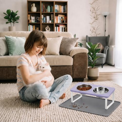 Summark Upgraded Elevated Cat Bowls with Food Mat,15°Tilted Stand Anti Vomiting Raised Cat Dishes for Food and Water,2 Stainless Steel Bowls for Cats and Puppy（Lavender） - Image 6