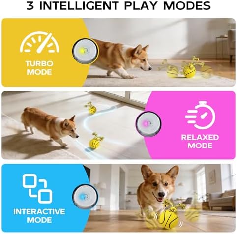 Pet Prime Interactive Dog Ball Toy with Rope,Rechargeable Automatic Rolling Ball with Motion Activated,3 Play Modes for Medium/Large Dogs, Self-Moving Toy to Keep Pets Busy and Entertained Yellow - Image 2