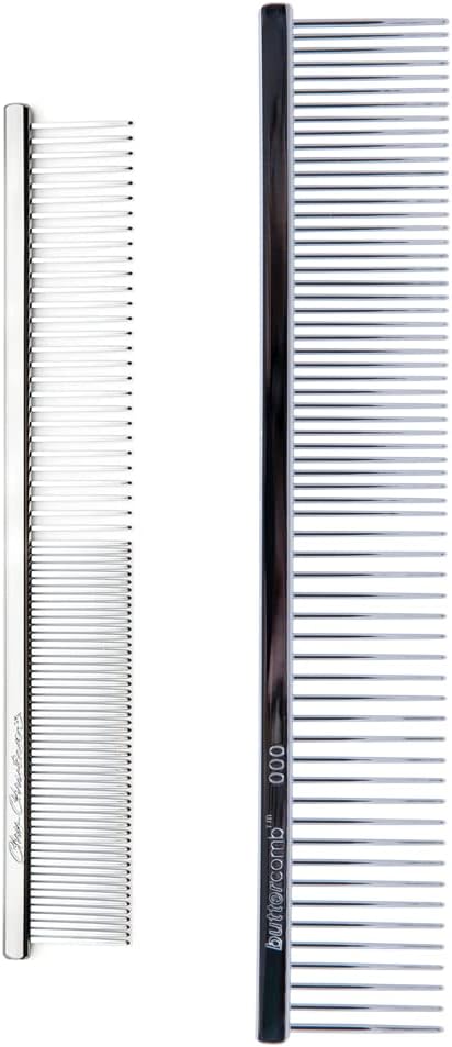 Chris Christensen Buttercomb Bundle - 5 in. Face and Feet Fine/Coarse Comb, 7.5 in. Greyhound Style Fine/Coarse Comb, Stainless Steel, Prevents Friction