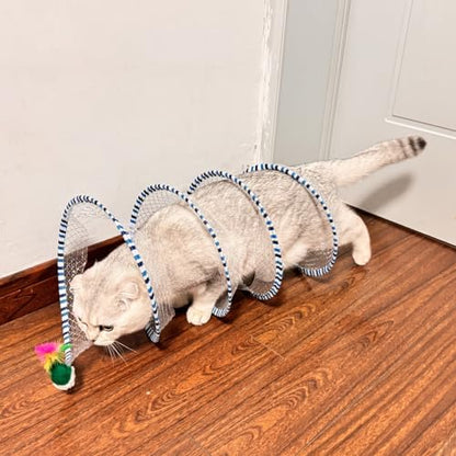 2-Pack Large Cat Tunnel Beds - Indoor & Outdoor,Kitten Collapsible Spring Tunnel Toy with Feather and Bell,Interactive Spring Toys for Cats & Kittens（Yellow and Blue） - Image 5
