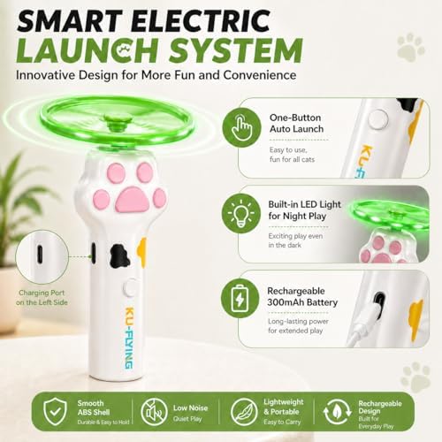 Cat Fetch Toy, Electric Cat Disc Launcher Toy with 8 Flying Spinners, Interactive Cat Toy for Indoor Cats and Bored Kittens, Bendable Discs, Rechargeable Paw Design（White） - Image 3
