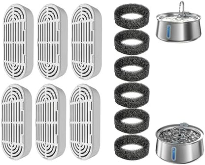 Homtyler 6 Pack Replacement Filters and 6 Pack Replacement Pre-Filter Sponges for 4L/135oz Stainless Steel Pet Water Fountain, Multiple Filtration, Easy to Clean and Replace by Homtyler