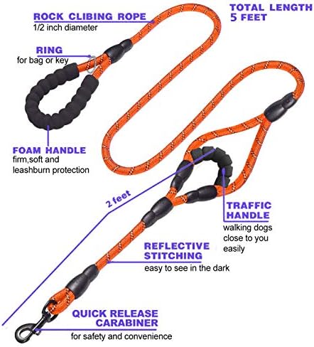 JSXD Heavy Duty Double Handle Dog Leash - 5 FT with Comfortable Padded & Reflective Rope for Small, Medium, Large Dogs (Rope-Orange) - Image 2
