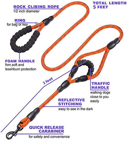JSXD Heavy Duty Double Handle Dog Leash - 5 FT with Comfortable Padded & Reflective Rope for Small, Medium, Large Dogs (Rope-Orange) - Image 2