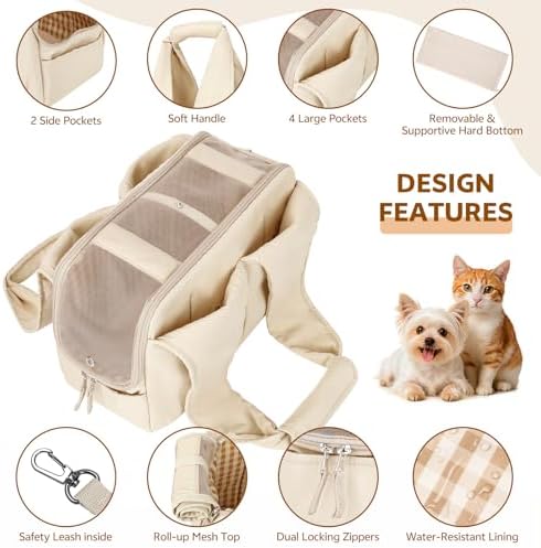 Dog Purse Carrier for Small Dogs and Cats, Soft-Sided Pet Tote Bag with 6 Large Pockets, Collapsible Travel Puppy Carrier, Fits Pets up to 13 lbs (Beige, 15.7" L x 8" W x 11.8" H) - Image 5