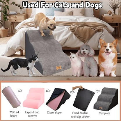 3-Step Pet Stairs for High Beds & Couches, Multi-Step Non-Slip Pet Steps with Balanced Ramp, Indoor 2/3/4/5 Steps for Small Large Cats & Pets, Anti-Slip Stickers Included, 33D Grey - Image 6