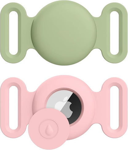 for Air Tag Dog Collar Holder, 2 Pack GPS Tracking Accessories Anti-Lost Silicone Air Tag Holder Case for Pet Cat Dog Collars (Pink+Matcha, Large)