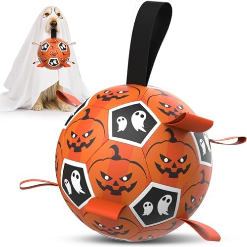 Diman Halloween Dog Toys, 7 Inch Dog Balls, Dog Soccer Ball with Straps by KeepYourDogsHappy