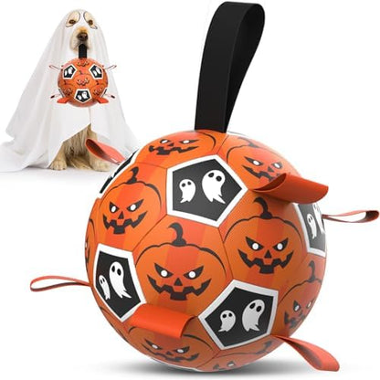 Diman Halloween Dog Toys, 7 Inch Dog Balls, Dog Soccer Ball with Straps by KeepYourDogsHappy