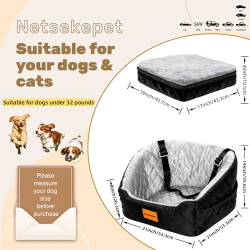 Elevated Dog Booster Car Seat for Medium/Small Dogs, up to 30 lbs, 7 in Memory Foam Cushion, with Waterproof Layer, Fully Detachable and Washable, Anti-Slip Base (Black/Grey) - Image 2