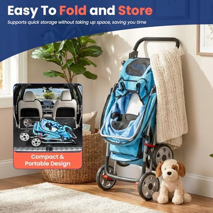 BestPet | 4-Wheel Foldable Pet Stroller | Blue | Lightweight & Portable - Image 3