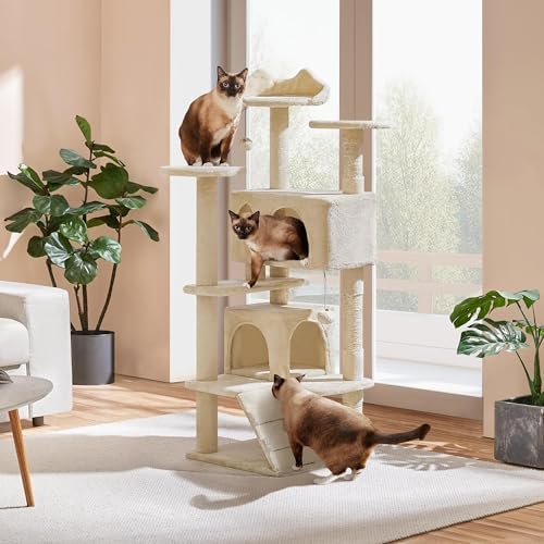 Yaheetech 54in Cat Tree Tower, 2 Caves, Kitten-Ear Perch & Scratching Posts - Image 2