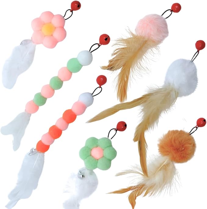 Magnetic Catch Replacement Cat Toy Attachments (7 Pack) — Interchangeable Ball Feather, Daisy Puff & Worm Puff Refills Interactive Cat Wand Toy