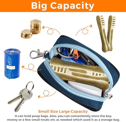Dog Poop Bag Holder Zippered Pouch, Portable Dog Poop Bag Dispenser with 1 Metal Clip, Fashion Color Matching Canvas Waste Bag Holder for Leashes - Blue & Black - Image 6