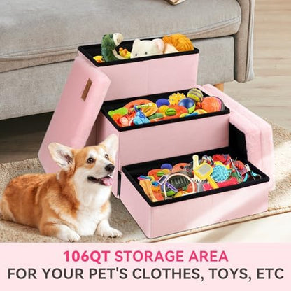Zerbuger Dog Stairs with Storage, Pink Furry Lids 3 Steps Dog Ramp no Condo - Image 6