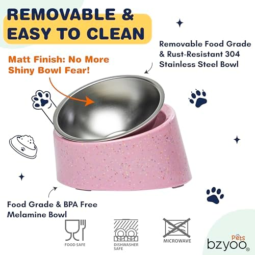 bzyoo 16oz Tilted Dog Bowl for Small Dogs & Cats, 15° Elevated Stainless Steel Pet Feeder, Ergonomic Anti-Vomiting Food Bowl for Frenchie, Pug, Persian Cat, Non-Skid Melamine Stand, Sprinkle (Pink) - Image 3