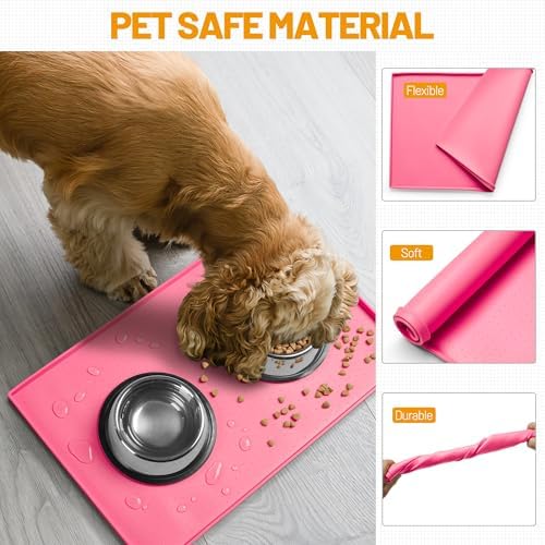 Hubulk Dog Feeding Mat,100% Waterproof Food Grade Silicone Pet Food and Water Bowl Placemat,Dishwasher, High Raised Edge to Prevent Spills,Nonslip Tray to Stop Messes on Floor (24"x16"x0.5", Pink) - Image 5