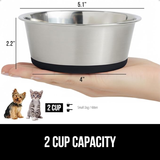 GORILLA GRIP Dog Bowl, Holds 2 Cups (16 fl oz), Food Grade 304 Stainless Steel Food and Water Bowl for Feeding Dogs and Cats, BPA Free Rubber Base, Easy Clean, Dishwasher Safe, Rust Resistant, Black