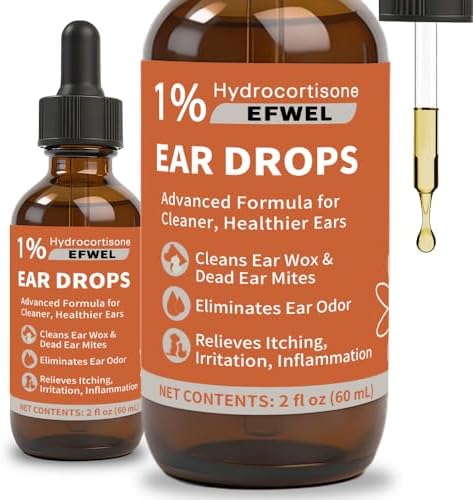 Dog Ear Cleaner Drops with 1% Hydrocortisone, Natural Infection Treatment for Dogs and Cats, Yeast Infection and Itchy Ear Relief, 2 fl oz by EFWEL