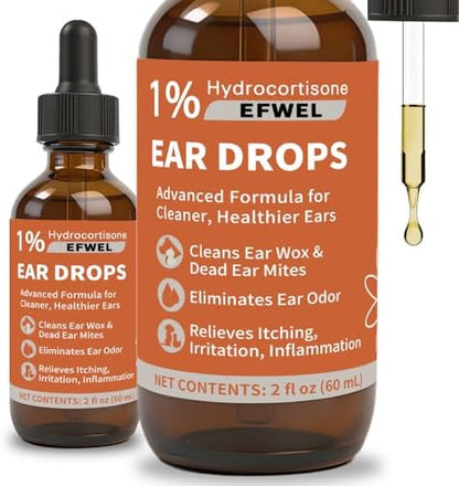 Dog Ear Cleaner Drops with 1% Hydrocortisone, Natural Infection Treatment for Dogs and Cats, Yeast Infection and Itchy Ear Relief, 2 fl oz by EFWEL