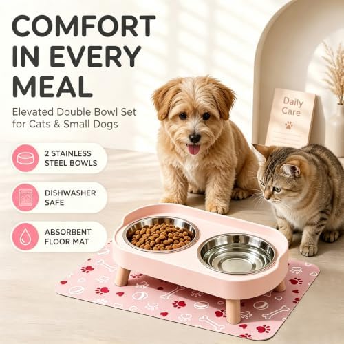 Elevated Dog Bowls with Mat, 2 Stainless Steel for Small Dogs Under 25 Lb - Image 2