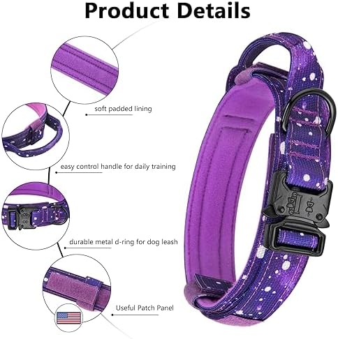 DAGANXI Tactical Dog Collar, Adjustable Military Training Nylon Dog Collar with Control Handle and Heavy Metal Buckle for Medium and Large Dogs, with Patches and Airtags Case (XXL, Purple Sky) - Image 3