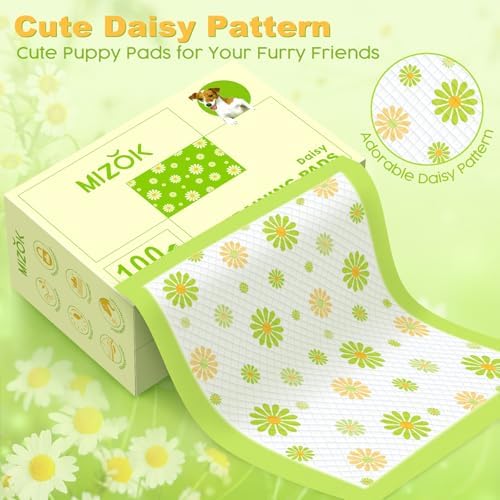 MIZOK Puppy Pads with Adhesive Tabs Green Daisy Prints Small 22x22in 100Ct - Image 2