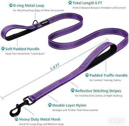 Heavy Duty Dog Leash - 2 Handles by Padded Traffic Handle for Extra Control, 6foot Long - Perfect for Medium to Large Dogs (Purple, 6 ft) - Image 2