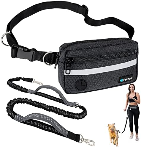 PetAmi Hands Free Dog Leash Waist Belt Bag Fanny Pack, Single, Black by PetAmi