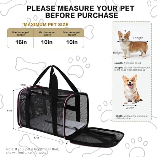 Cat Carrier Soft-Sided Dog Pet Carrier Pets Travel Carriers for Big Cats Small Dogs Mesh Puppy Carry Bag,TSA Airline Up to 16 Lbs (Pink, 17 * 11 * 11) - Image 2