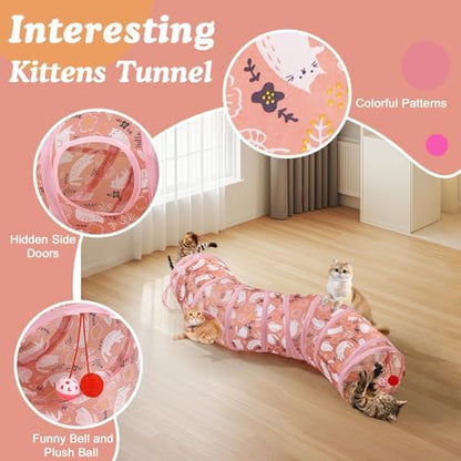 Pawaboo Cat Tunnel Tube S-Shaped, 25x97cm, Pink Kitties - Image 4