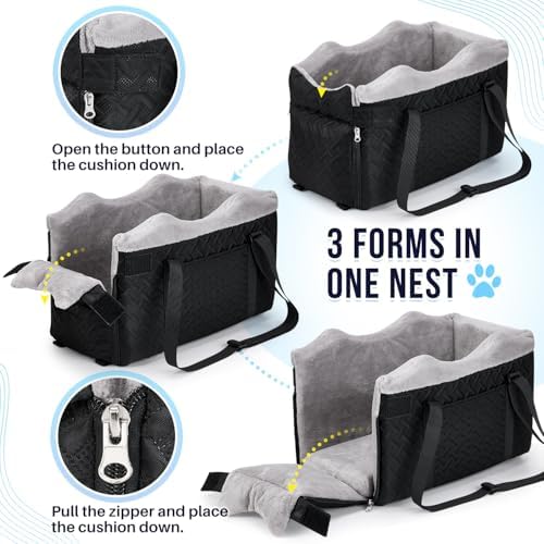 SlowTon Console Dog Car Seat - Portable Center Dog Car Seat for Small Dogs up to 9 lbs, Washable Pet Carseat with Soft Cushion Safe Protection Hooks & Storage Pocket, Black - Image 6
