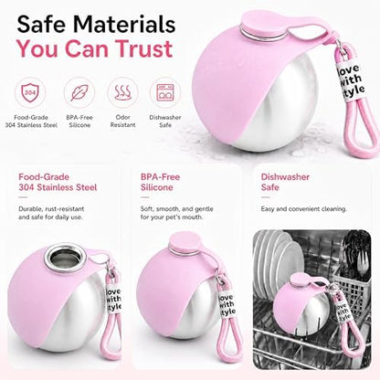 Portable Dog Water Bottle for Walking, 10oz Stainless Steel Pet Water Dispenser with Foldable Silicone Bowl, Leak-Proof Puppy Water Bottle for Small Dogs&Cats,Travel Hiking Outdoor Use(Pink) - Image 3