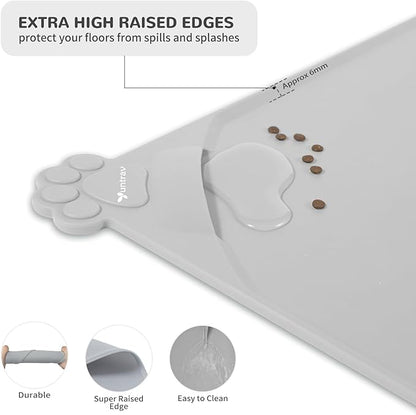 Waterproof Raised Edge BPA Free Silicone Pet Feeding Mat-Multiple Colors，Dog Cat Food Mats Contain Spills Protects Floors, Placemats for Cats and Dogs Water Bowl, Pets Accessories 22x15 Gray