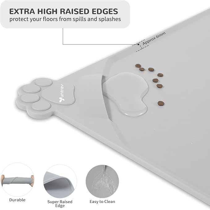 Silicone Pet Food Mat Dog Cat Waterproof Spill Proof Mess Control Easy Clean Floor Protector 18.8L x 11.8W Inch Gray