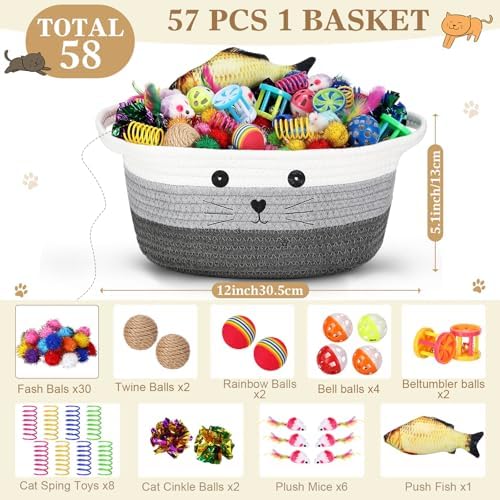 Zopeal 58 Pcs Cat Toy Set with Storage Basket Indoor, Multicolor, 12 Inch - Image 2