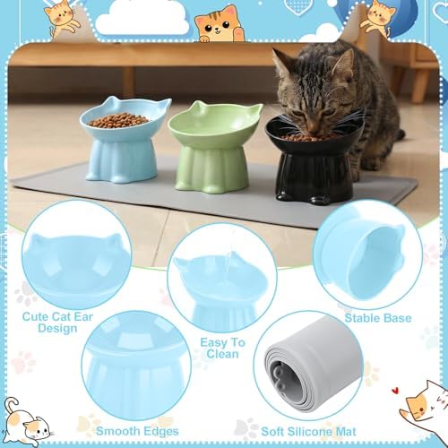 3 Pcs Elevated Cat Bowls 15°Raised Cat Food Bowl with Silicone Mat Green - Image 4