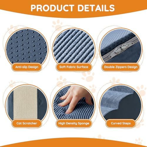 Ahpmeoa Dog Stairs for Small Dogs 19.7" H, Dog Ramp for Bed, 4-Step, Navy - Image 3